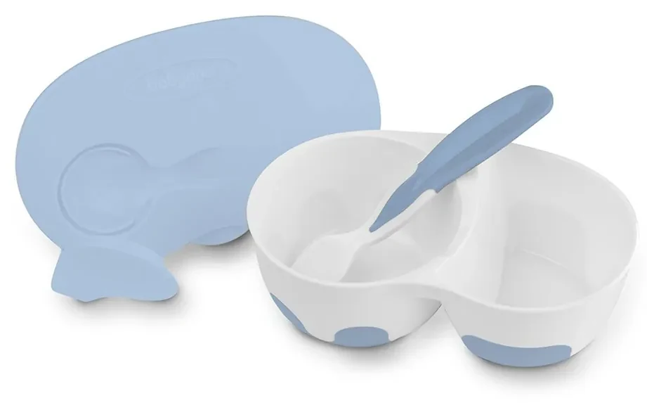 Detská dvojkomorová miska s lyžičkou Baby Ono modrá 200 a 150 ml