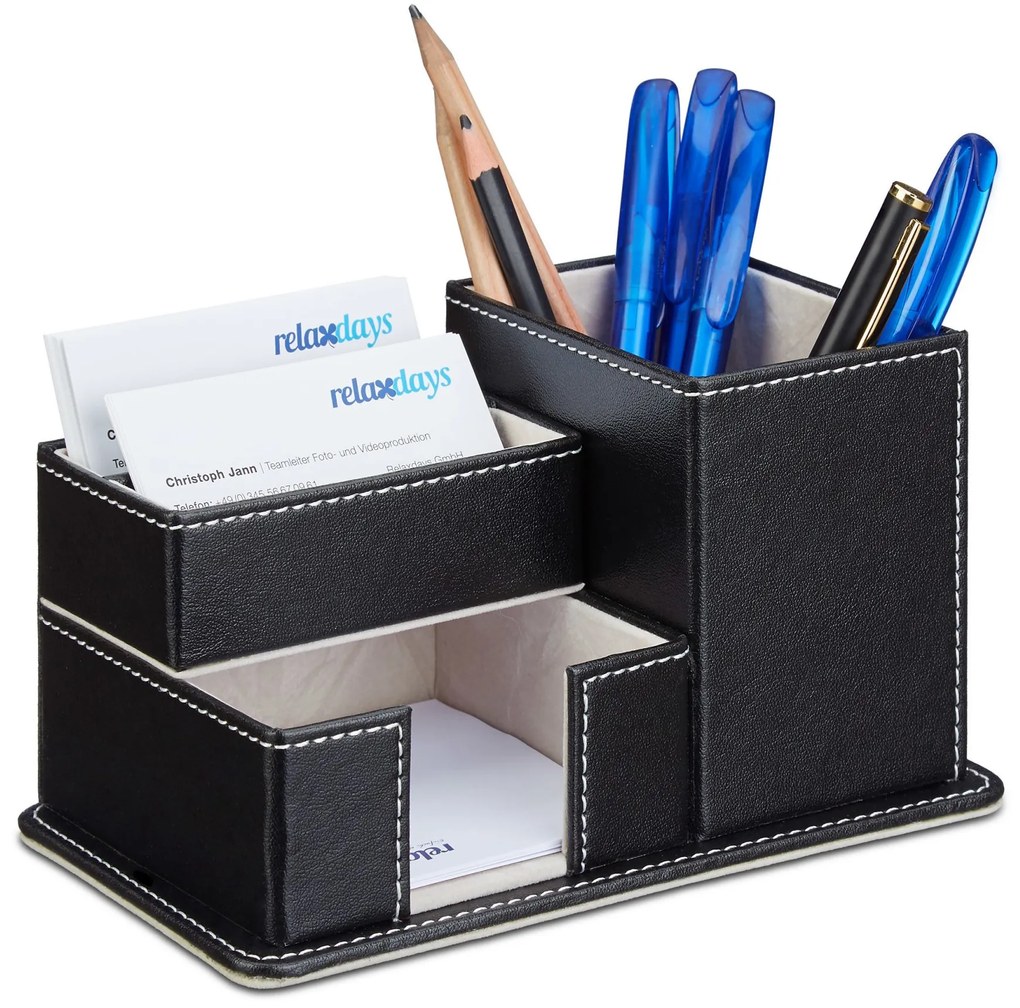 Stolový organizér z umelej kože RelaxDays RD21945 – čierny s bielym švom, 4 priehradky, 18 cm
