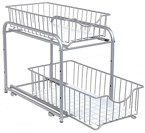 Organizér do kuchyne, 2 výsuvné košíky, stohovateľný, strieborný, 31,5x21x36,5cm