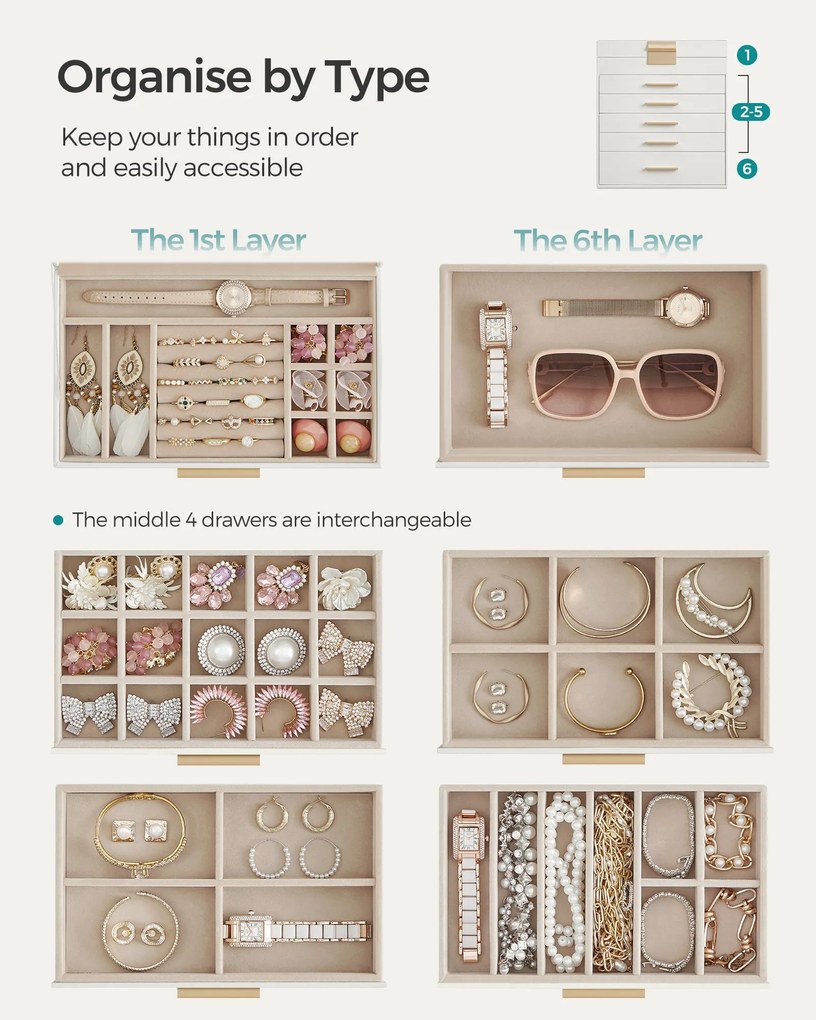Šperkovnica s skleneným vrchnákom, 6-poschodový organizér na šperky s 5 zásuvkami, 16,3 x 25,1 x 29 cm, oblá biela