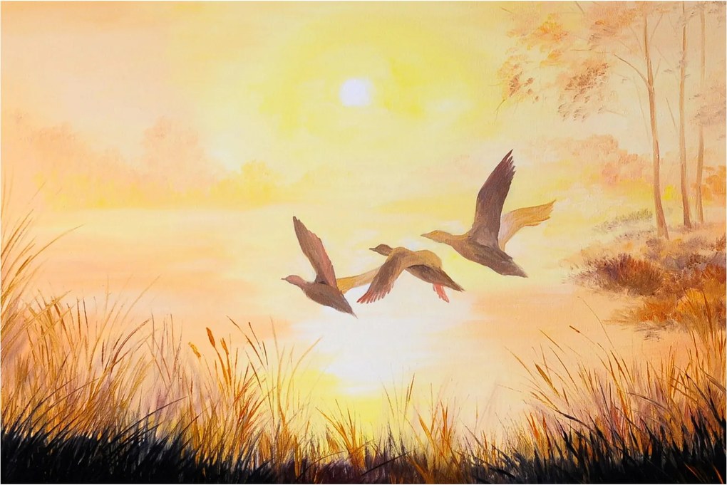 Obraz - Žeriavy pri západe slnka (90x60 cm)