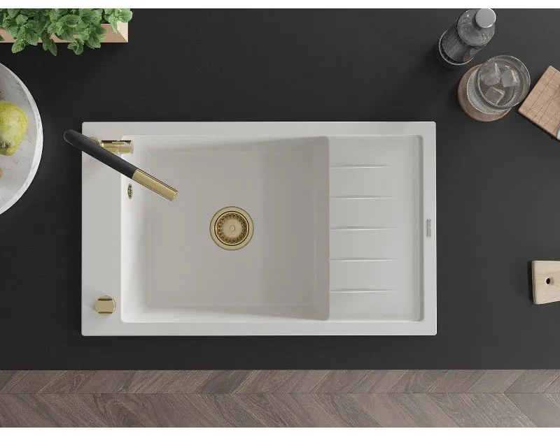 Mexen Elias, 1-komorový granitový drez 795x480x200 mm a drezová batéria Flora, biela, 6511-20-670401-57-G