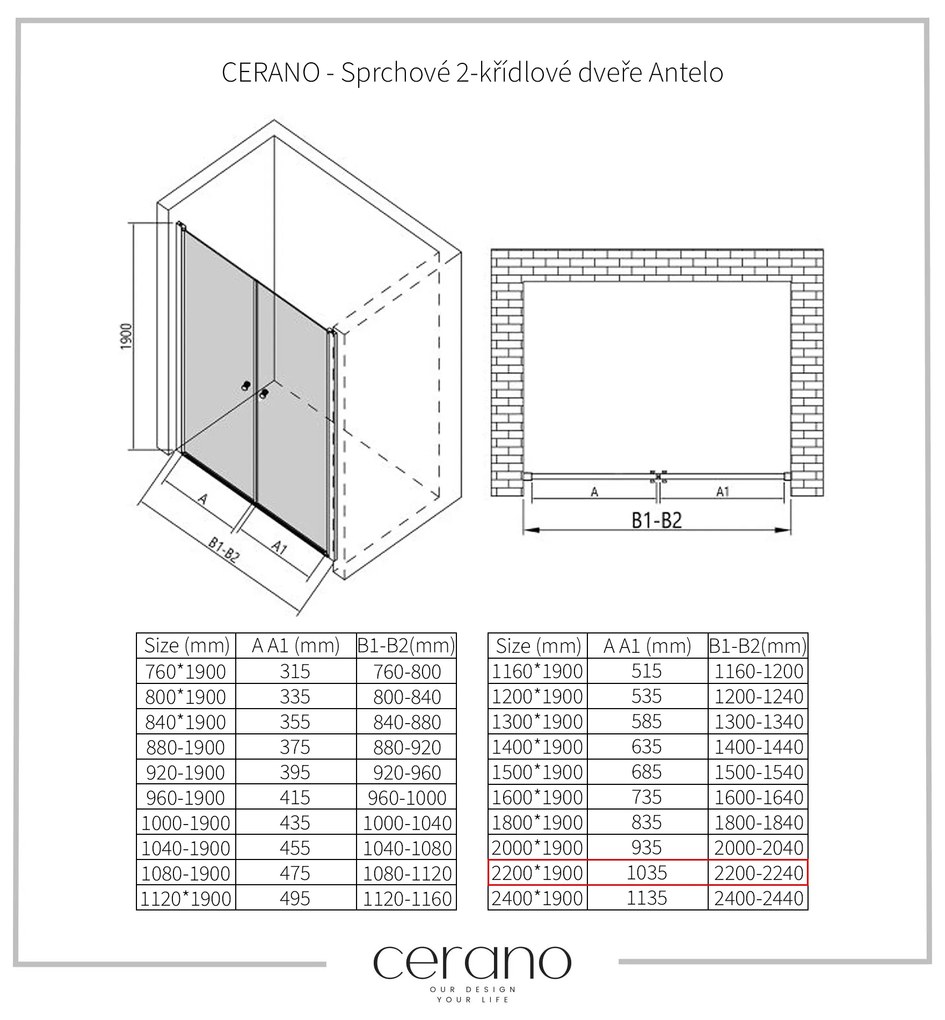 CERANO - Sprchové 2-krídlové dvere Antelo L/P - chróm, transparentné sklo - 220x190 cm, CER-CER-482137
