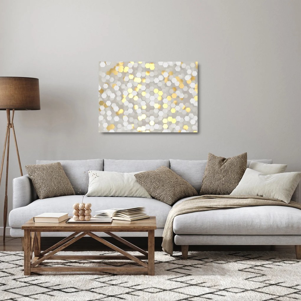 Sklenený obraz - Zlato-biele hexagóny (70x50 cm)