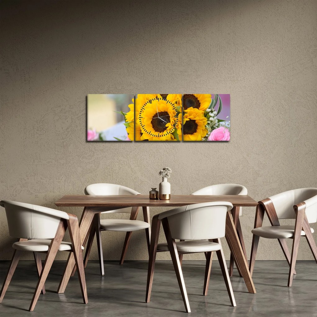 Obraz svadobnej kytice zo slnečníc (s hodinami) (90x30 cm)