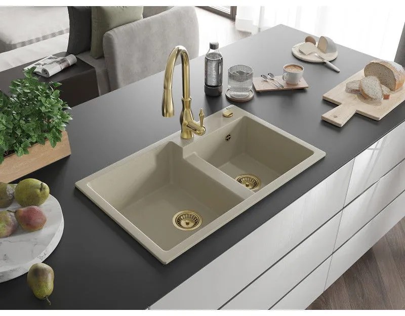 Mexen Tomas, granitový drez 800x500x190 mm, 2-komorový a drezová batéria Savita, béžová, 6516-69-672601-50