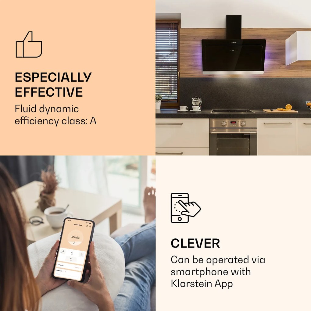 Klarstein Aurora 90 Smart, digestor, 90 cm, komínový, 550 m³/h, LED podsvietenie, A++, biely