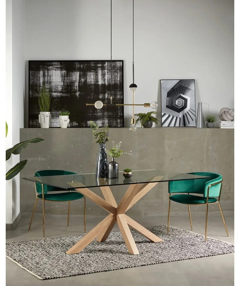 Sklenený jedálenský stôl s prírodným podnožím Kave Home, 160 x 90 cm