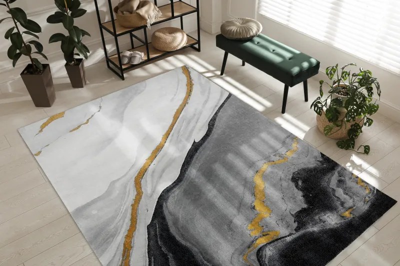 Dywany Łuszczów, Kusový koberec Emerald 1017 black and gold, 180x270, čiernobiela, kancelária