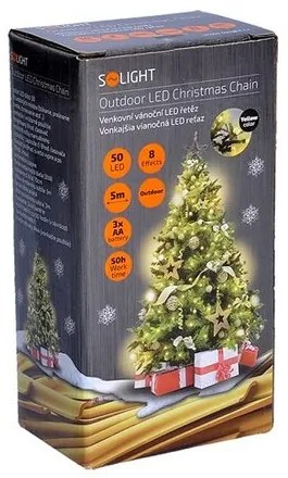 Solight Svetelná vonkajšia reťaz na batérie 50 LED s časovačom 5 m, teplá biela