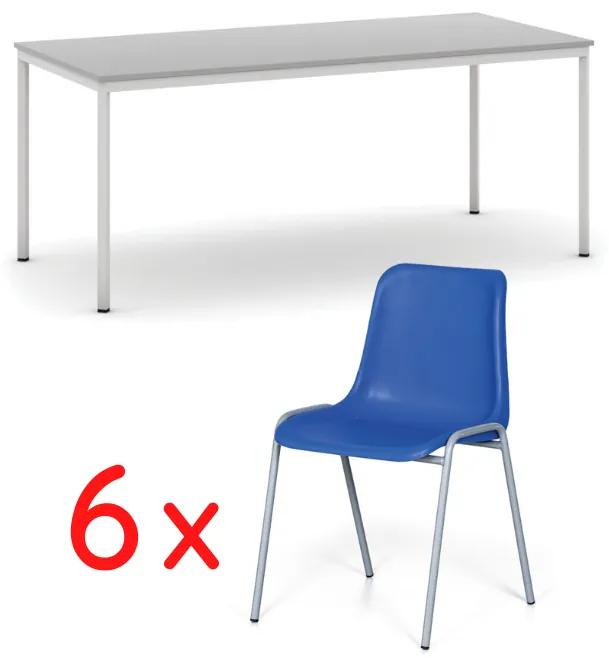 Stôl jedálenský, sivý 1800 x 800 + 6 jedálenských stoličiek AMADOR, modrá