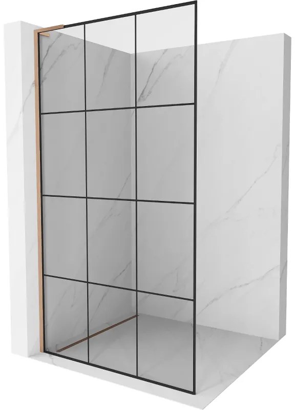 Mexen Kioto L, sprchová zástena Walk-In 110 x 200 cm, 8mm číre sklo čierny vzor, medený matný profil, 800-110-103-65-77