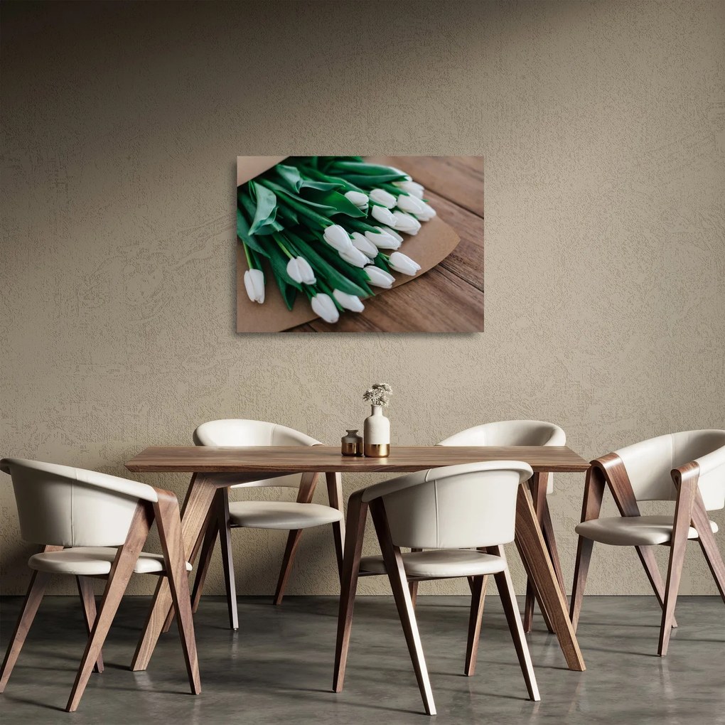 Sklenený obraz kytice bielych tulipánov (70x50 cm)