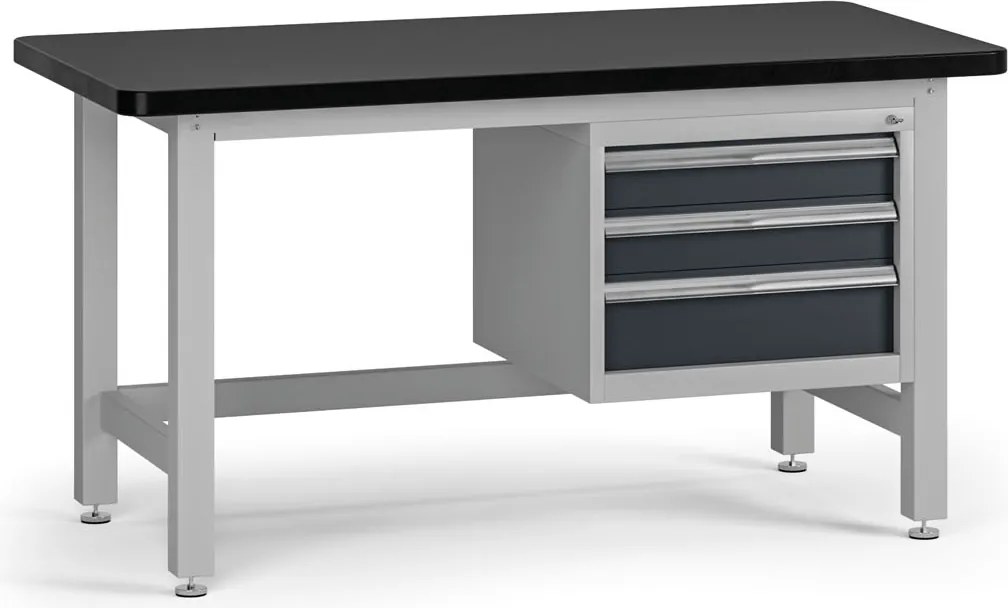 Pracovný stôl do dielne G4 so závesným boxom na náradie, MDF + PVC doska, 3 zásuvky, 1500 x 750 x 800 mm, grafit