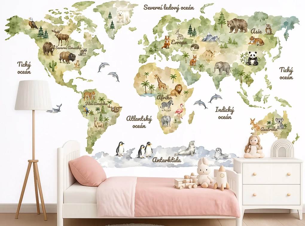 Akvarelová mapa sveta so zvieratkami detské nálepky na stenu výsledný rozmer 109 x 62 cm