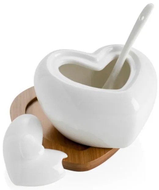 Porcelánová cukornička s lyžičkou a bambusovou podložkou Brandani Heart
