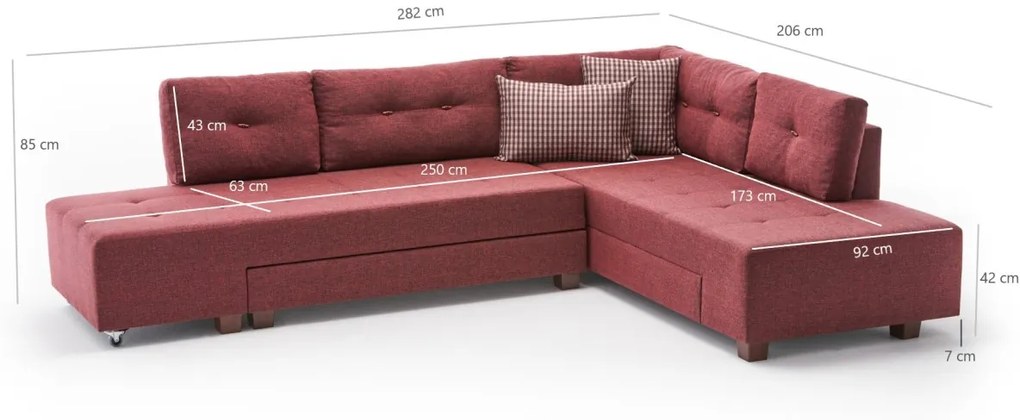 Rohová rozkladacia pohovka Manama bordová pravá