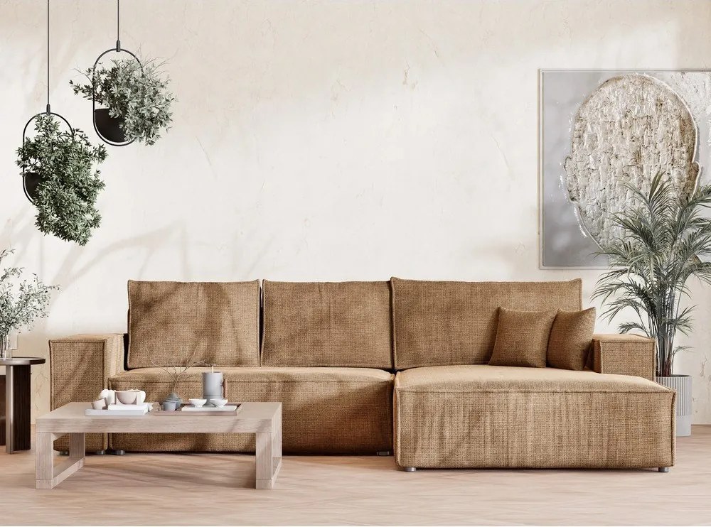 Svetlohnedá ženilková rozkladacia/s úložným priestorom rohová pohovka (pravý roh/s leňoškou) Maze – Maison de Rêve