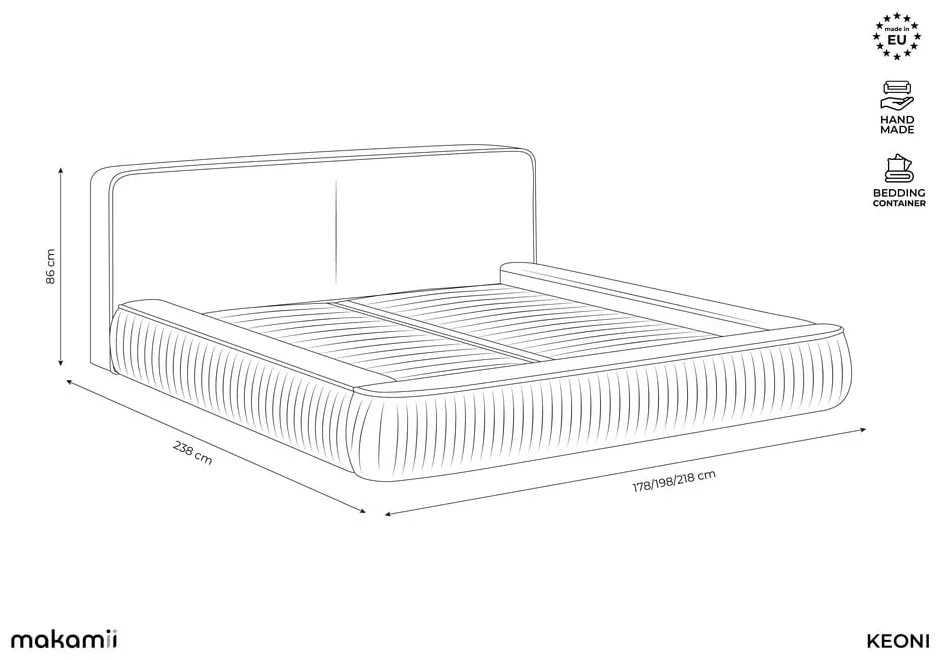 Sivá čalúnená dvojlôžková posteľ s úložným priestorom s roštom 160x200 cm Keoni – Makamii