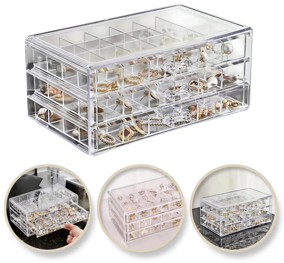 eCarla Kozmetický organizér na šperky a make-up, 3 pozdĺžne zásuvky s priehradkami, CARLA