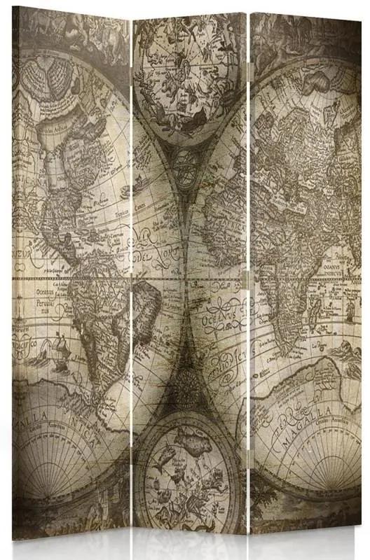 Ozdobný paraván, Starožitná mapa světa - 110x170 cm, trojdielny, klasický paraván
