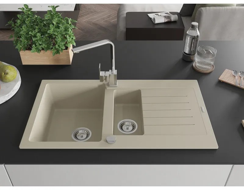 Mexen Matias, granitový drez 900x505x200 mm, 1,5-komorový a chrómová batéria Rita, béžová, 6502-69-670300-00