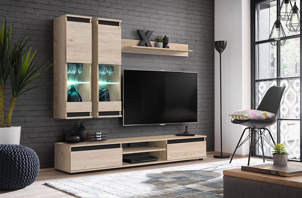 Obývacia stena Marc  HJZ MD (dub jackson hickory + čierna) (s osvetlením). Akcia -21%. Vlastná spoľahlivá doprava až k Vám domov. 1118829