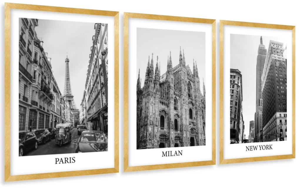Gario Sada plagátov Paris, Milan, New York - 3 dielna Farba rámu: Zlatá, Veľkosť: 135 x 63 cm