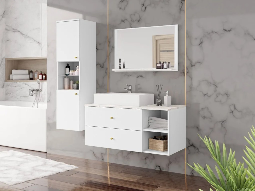 Kúpelňový nábytok Kiegi II, Farby: biały mat / biały mat + marmur bianco, Sifón: so sifónom, Umývadlo: áno