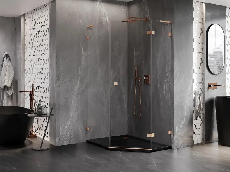 Mexen Lunar, L päťuholníkový sprchový kút s pravým sklonom 90 x 100 cm, 8mm číre sklo, profil medená matná, 831L-090P-100L-65-00-P