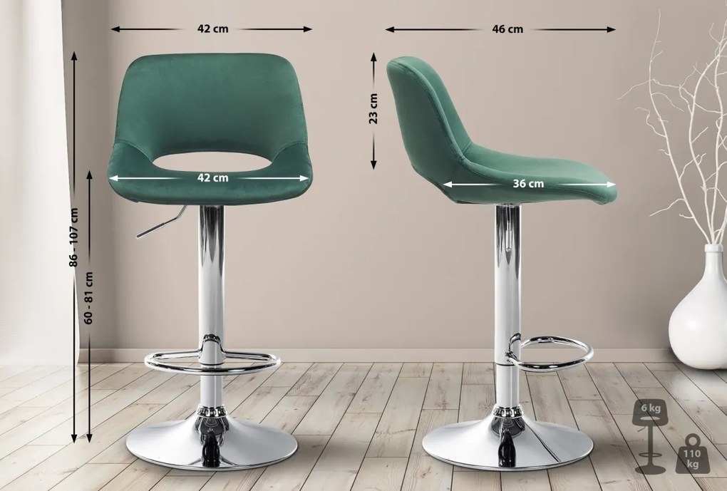Barová stolička Camden - zamat, chróm rám - Zelená