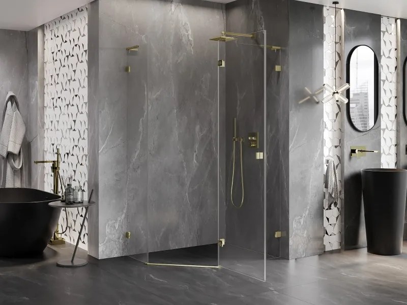 Mexen Lunar, L pravý výklopný päťuholníkový sprchový kút 100 x 80 cm, 8mm číre sklo, zlatý profil, 831L-100P-080L-50-00-P