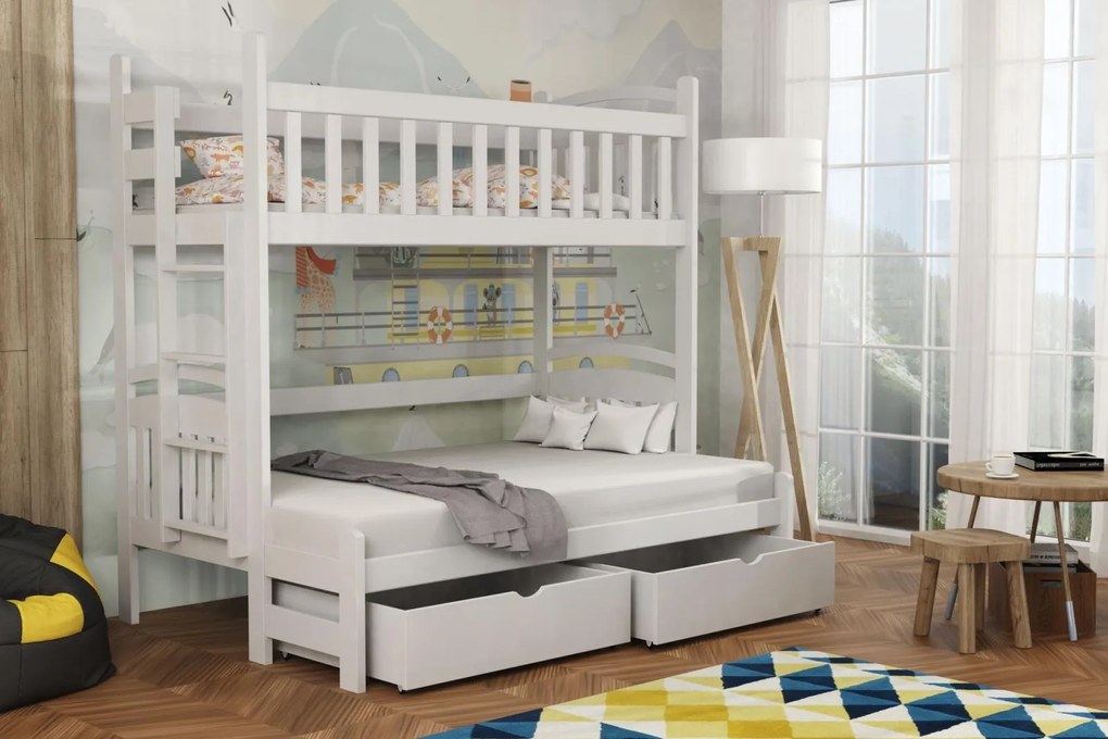 Detská poschodová posteľ z masívu borovice s rozšíreným spodným lôžkom LUKÁŠ so šuplíkmi - 200x90/140 cm - BIELA