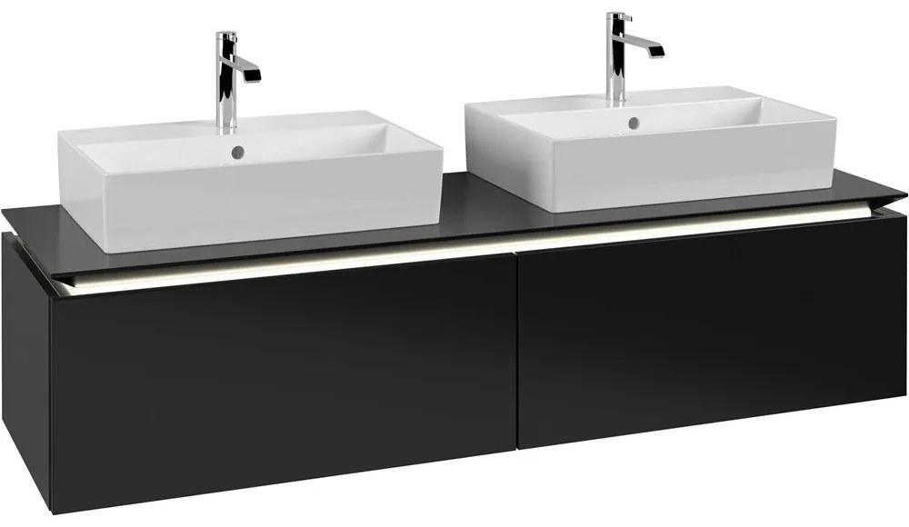 VILLEROY &amp; BOCH Legato závesná skrinka pod dve umývadlá na dosku, 2 zásuvky, s LED osvetlením, 1600 x 500 x 380 mm, Black Matt Lacquer, B676L0PD