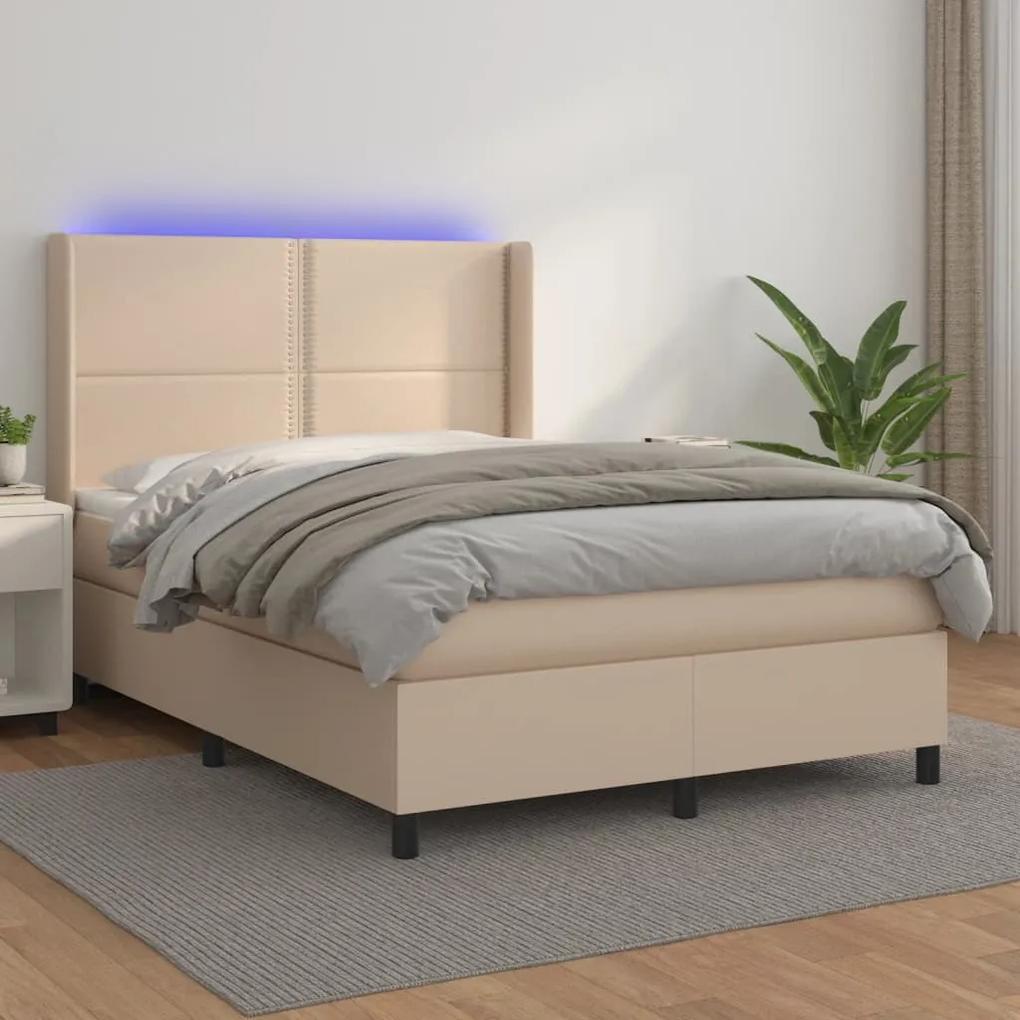Boxspring posteľ matrac a LED kapučínová 140x190 cm umelá koža 3139324