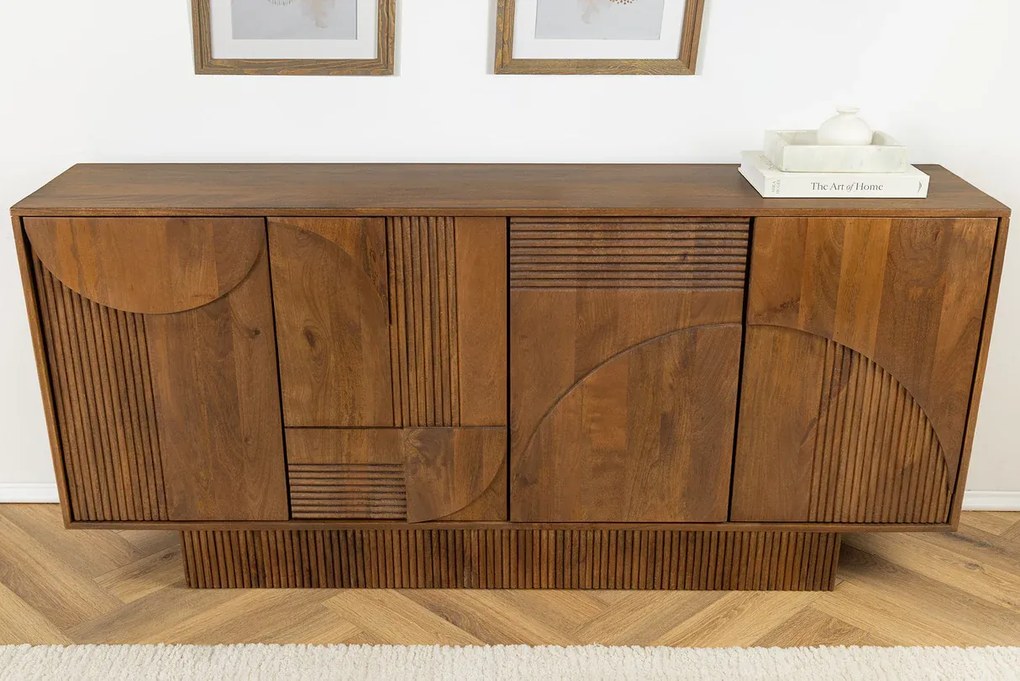 Komoda ART DECO 170cm 3D mangové drevo, údená hnedá