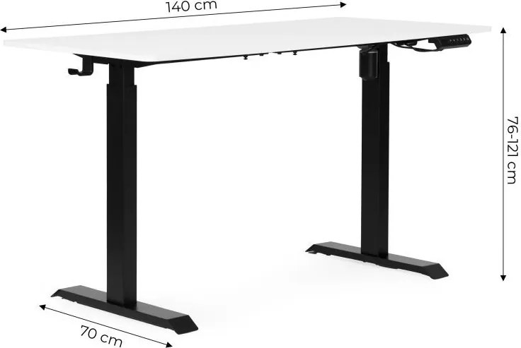 Elektrický nastaviteľný stôl 140 x 70 cm, nastaviteľná výška 76-121cm, biely s čiernymi nohami