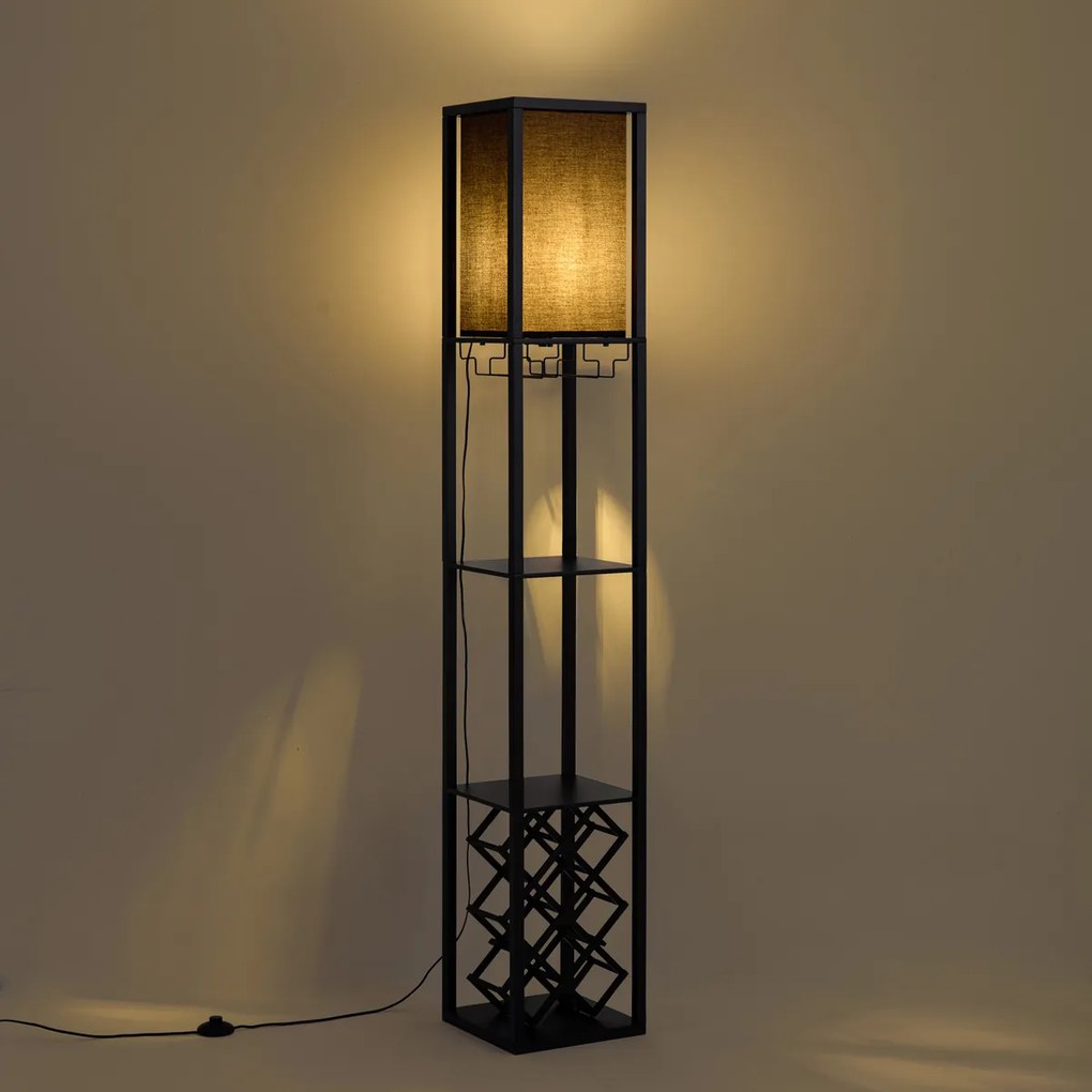 Moderná stojaca lampa čierna s látkovým tienidlom a stojanom na víno - Stojan Wine