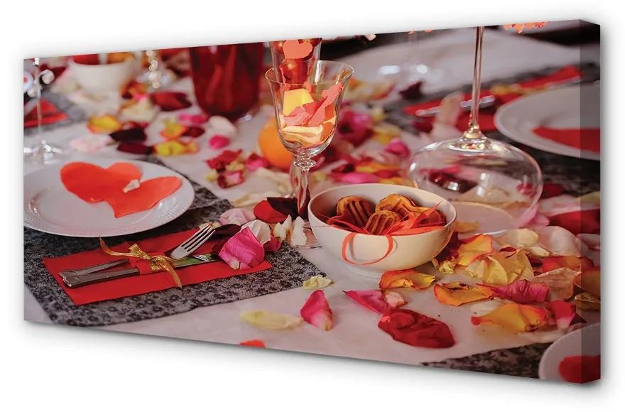 Obraz canvas Srdce okvetné lístky ruží večera okuliare 140x70 cm