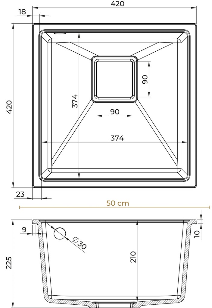 Sink Quality Argon 50, kuchynský granitový drez 420x420x225 mm + chrómový sifón, biela, SKQ-ARG.W.1KBO.50.X