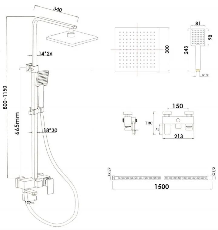 Sprchová súprava KABE s výtokom do vane - čierna matná - hlavica 30x30 cm