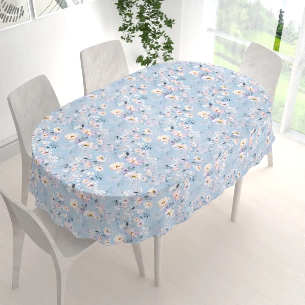 Biante Zamatový oválny obrus Tamara TMR-044 Jarné kvety na nebesky modrom 50x100 cm