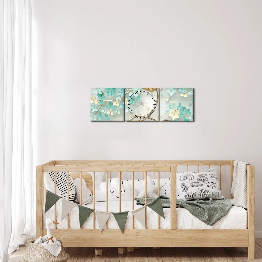 Obraz kvety s motýľmi (s hodinami) (90x30 cm)