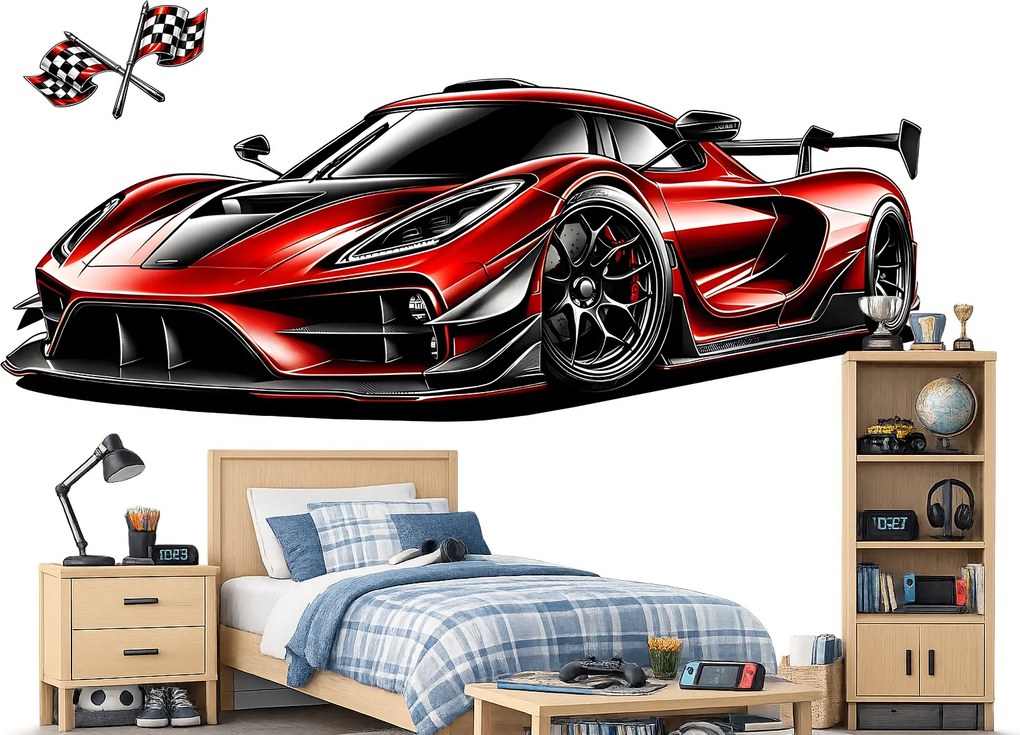Červený supersport textilná prelepiteľná nálepka na stenu hárok 47 x 17 cm
