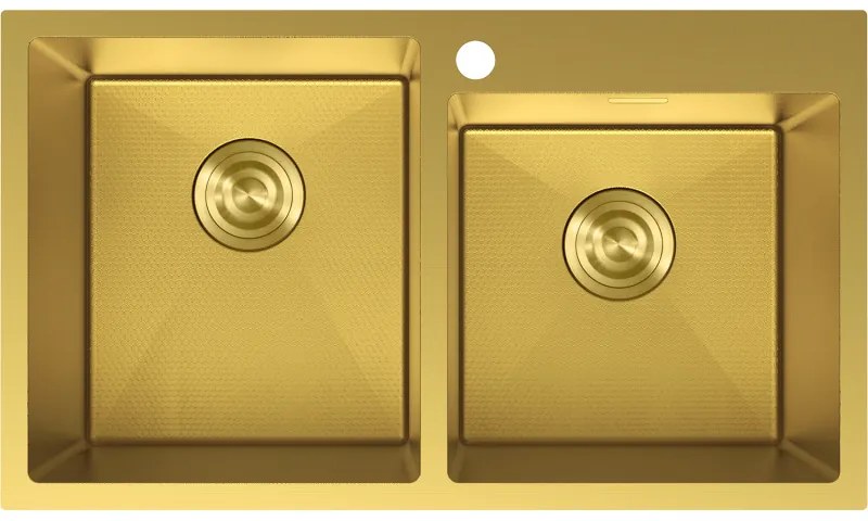 Mexen Xorin, 2-komorový nerezový drez 780 x 450 mm, brúsená zlatá, vzor voština, 6441782000-55HC