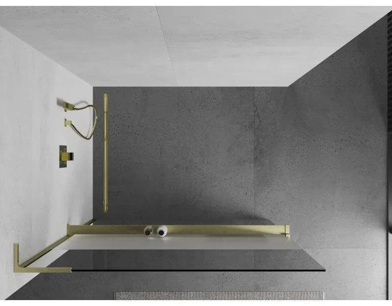 Mexen Kioto+ L, sprchová zástena Walk-In s poličkou a vešiakom 80 x 200 cm, 8mm číre sklo-námraza, zlatý matný profil, 800-080-123-55-35