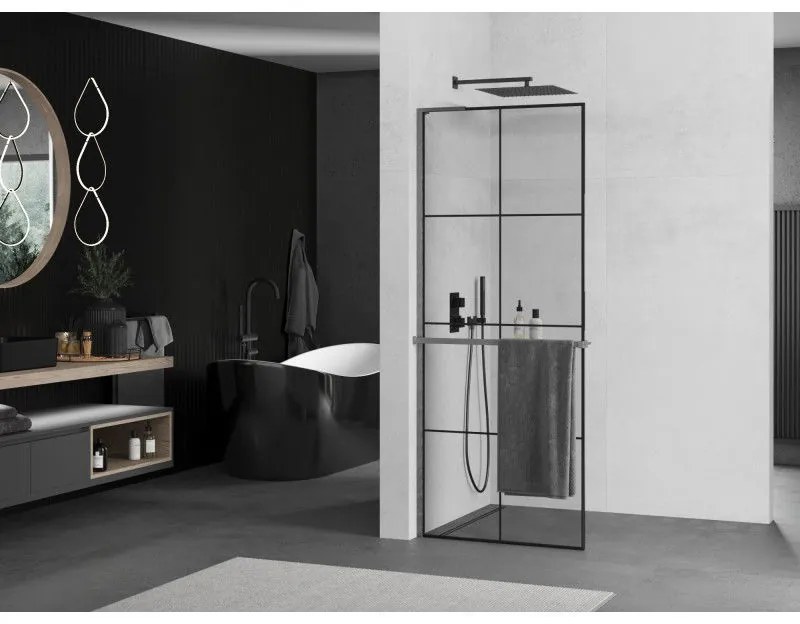 Mexen Kioto+ L, sprchová zástena Walk-In s poličkou a vešiakom 80 x 200 cm, 8mm číre sklo čierny vzor, grafitový profil, 800-080-123-66-77
