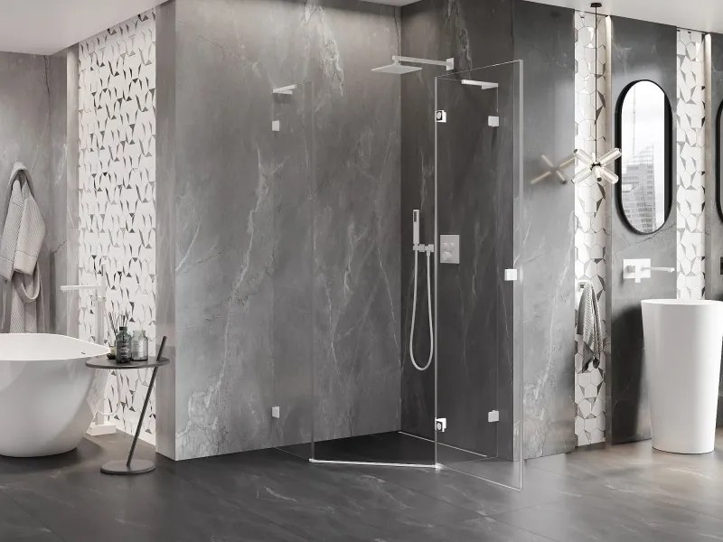 Mexen Lunar, L pravý výklopný päťuholníkový sprchový kút 100 x 100 cm, 8mm číre sklo, biely profil, 831L-100P-100L-20-00-P
