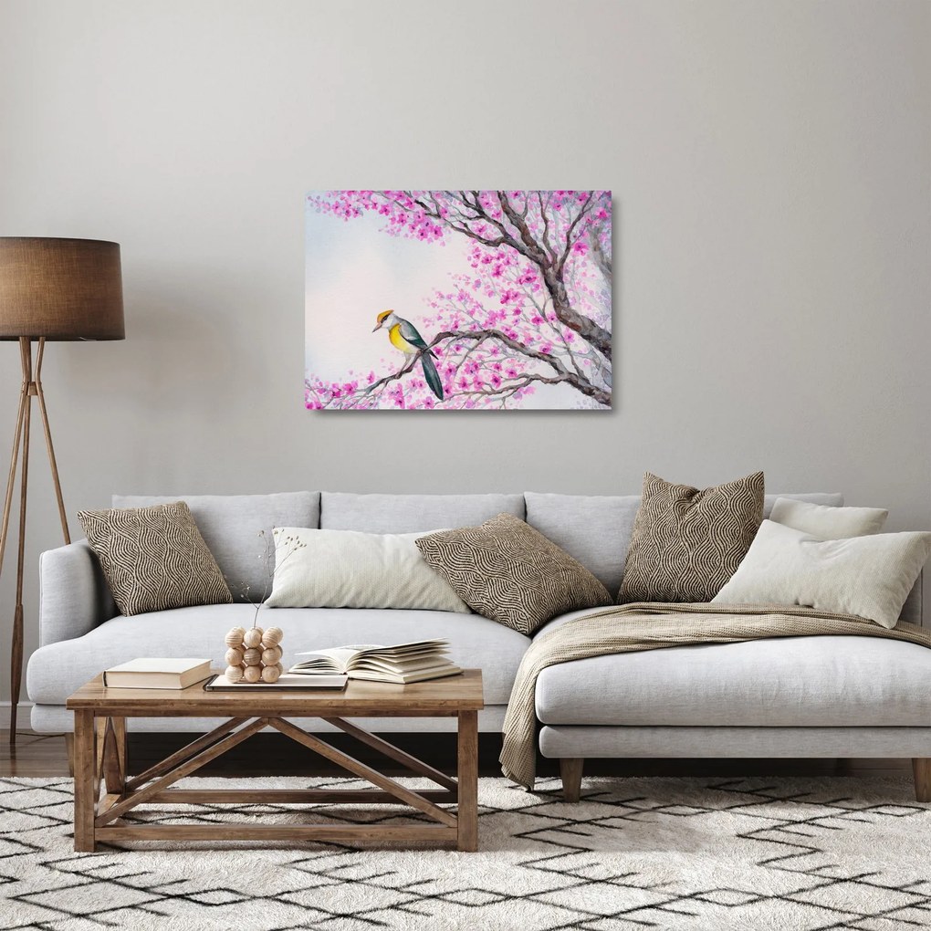 Sklenený obraz - Vtáčik na strome s ružovými kvetmi (70x50 cm)