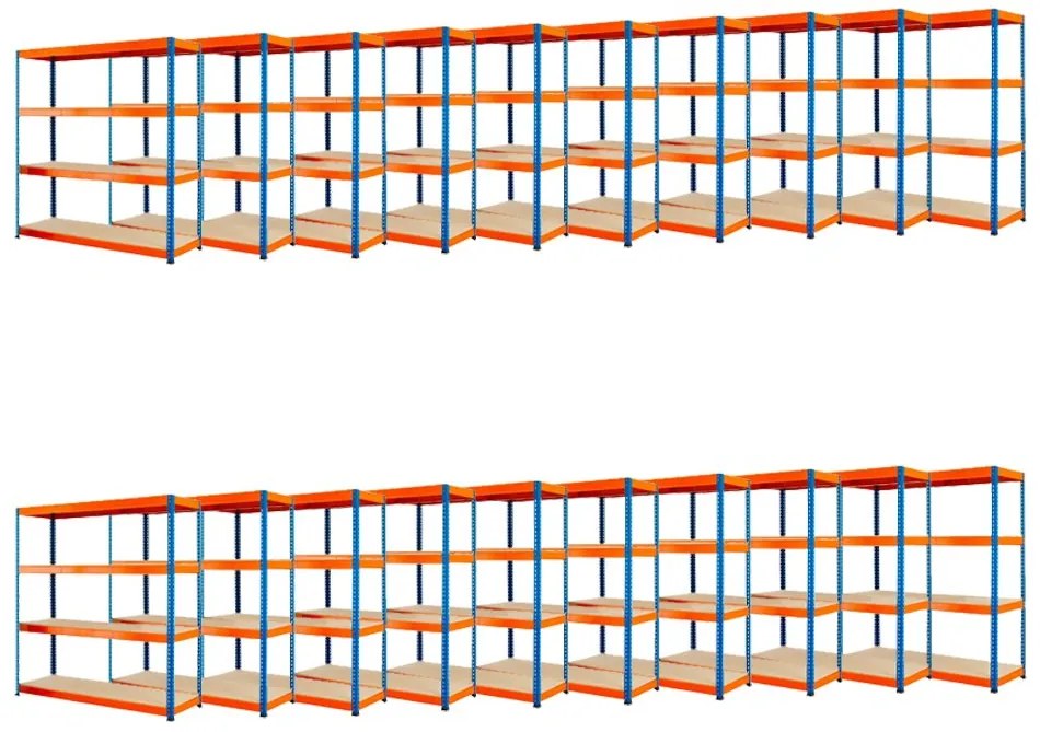 Fistar !!! Akčný balíček : 20x Regál 1800x1800x400 mm PROFESIONÁLNY lakovaný 4-policový, nosnosť 1600kg - MODRO-ORANŽOVÝ